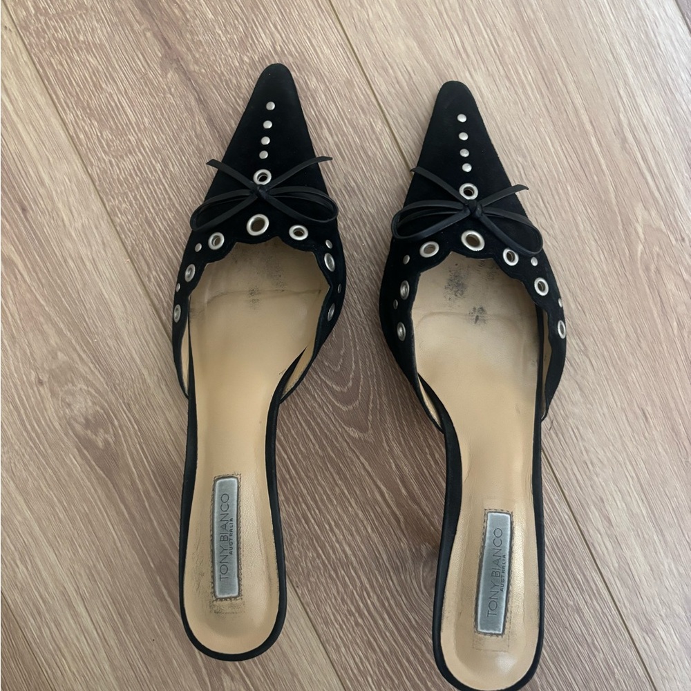 Tony Bianco Black Pointed Ring-Detail Bow Mules